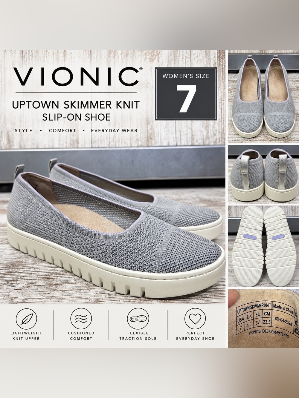 Vionic Uptown Skimmer Knit Slip-On Shoes Women’s Size 7 Gray Comfort Flats